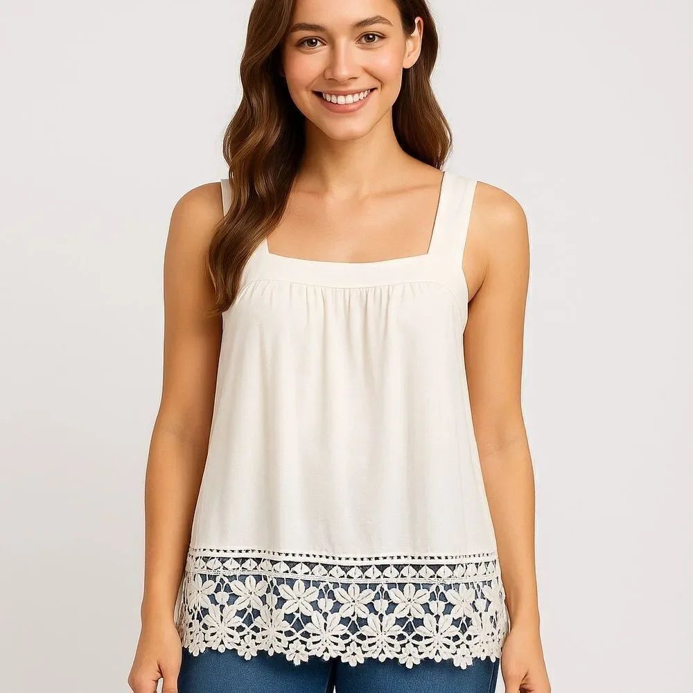 Anthropologie Ivory White Crochet Lace Hem Cotton Babydoll Top Tunic